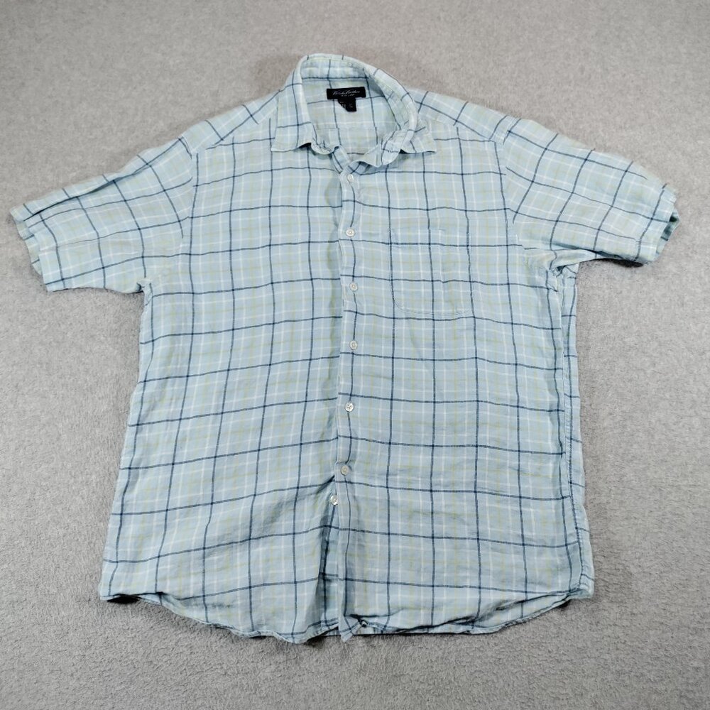 Brooks Brothers Shirt Mens Large Plaid 100% Linen Short Sleeve Buttton Up Summer